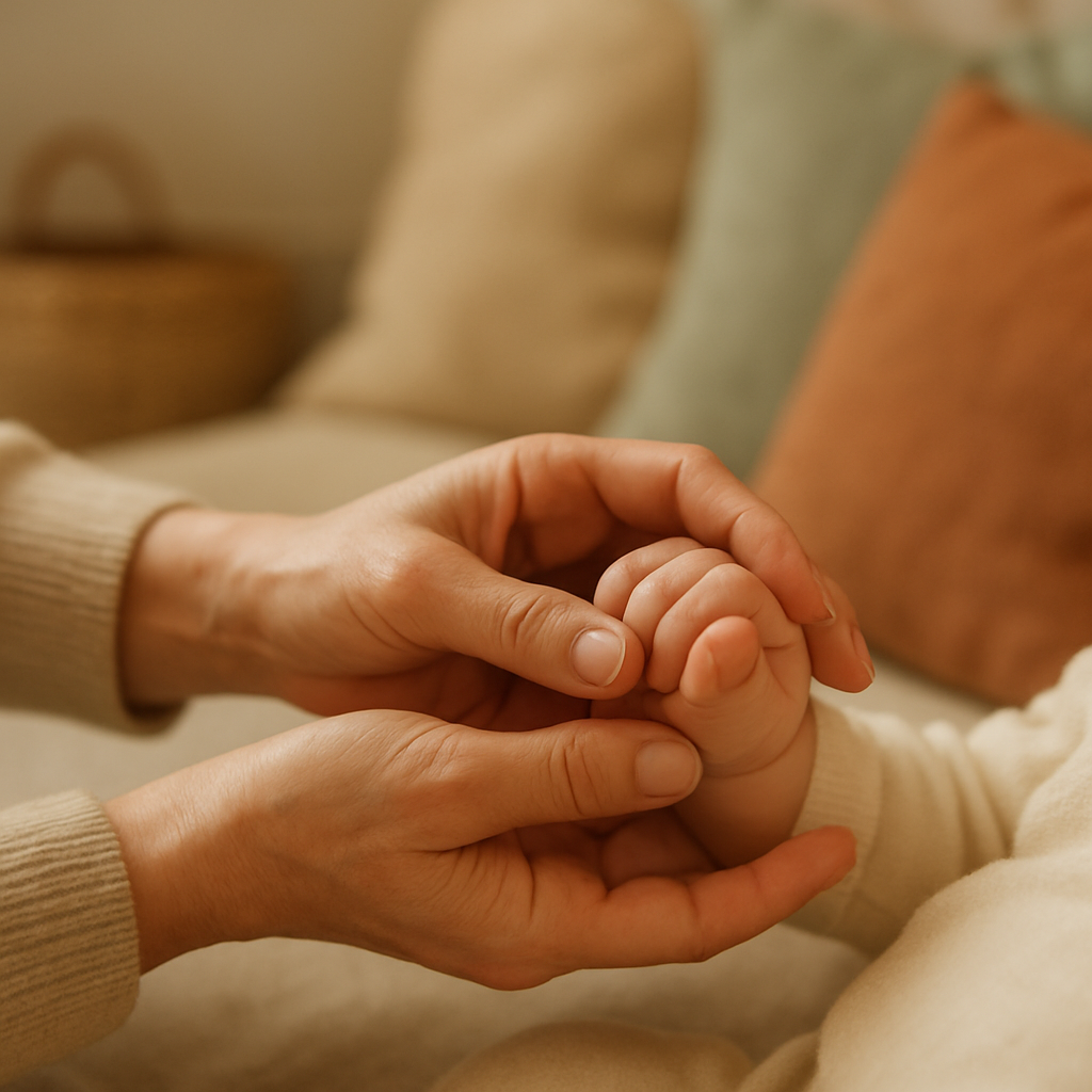 A caregiver gently holding a baby's hand in a warm home setting